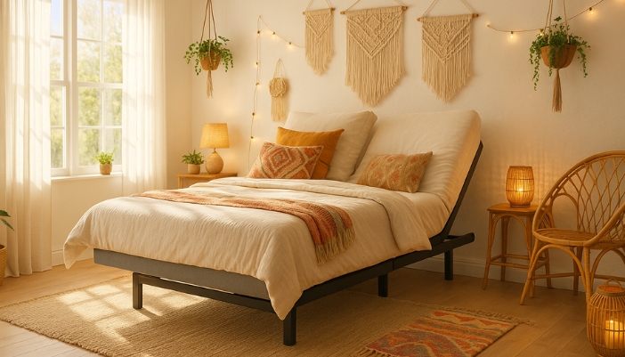 A boho inspired bedroom with an adjustable base featured.