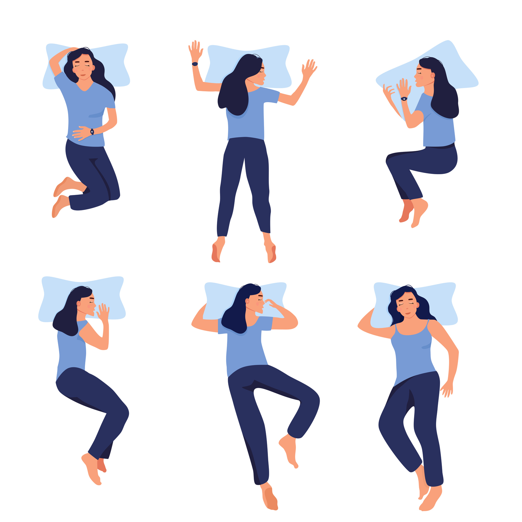 illustration of woman sleeping in different positions