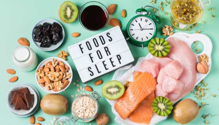 Assortment of foods that promote better sleep