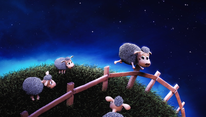 Cartoon depiction of sheep jumping over a fence