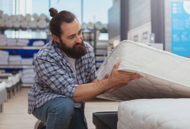 front view of a man in a mattress store examining the depth of a mattress