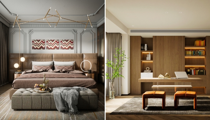 A comparison between a modern bedroom and a home office