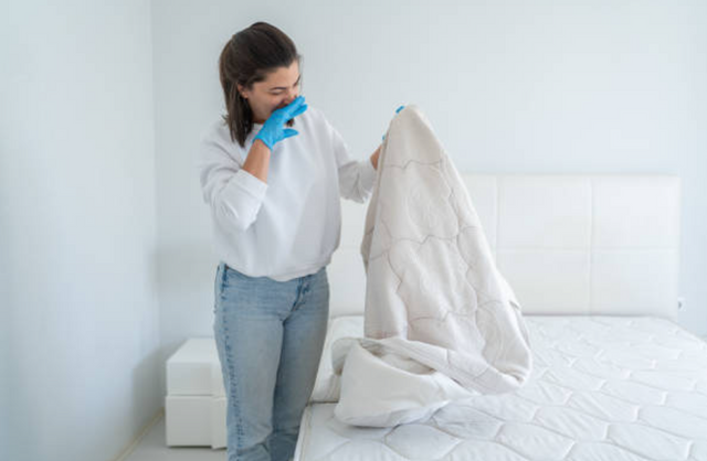 front view of a woman holding a comforter and holding her nose