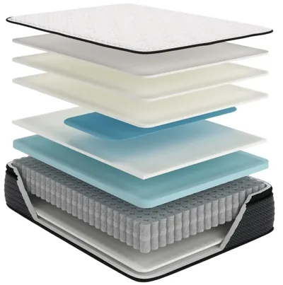 A graphic cutaway showing the layers inside the Sierra Sleepy by Ashley Limited Edition gel memory foam mattress
