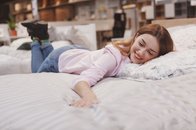 view of a woman laying on her stomach on a mattress in a mattress store