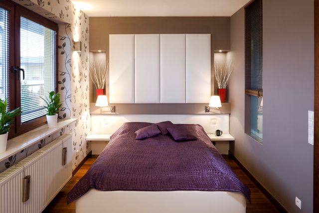 front view of a small transitional bedroom