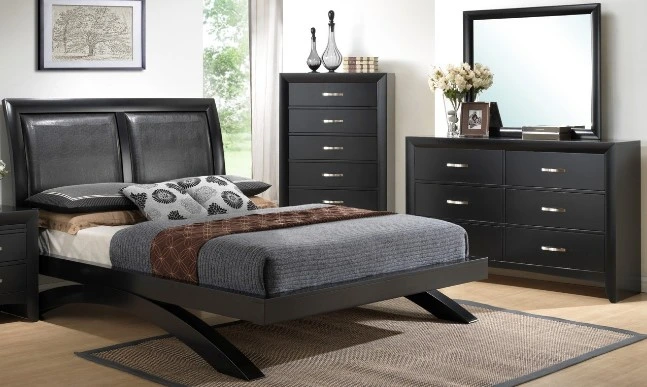 Front view of the Crown Mark 4-piece black modern bedroom set with a bed, chest, dresser, and mirror 