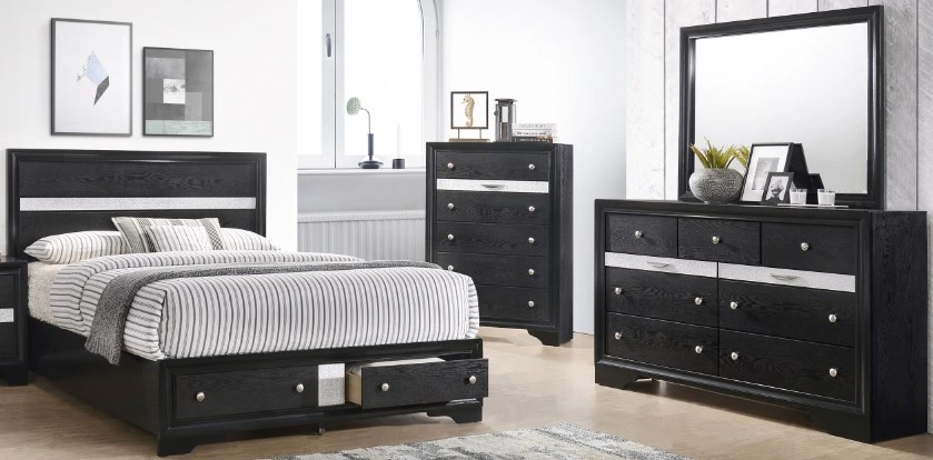 Front view of the Crown Mark Regata 4-piece black bedroom set in a modern bedroom 