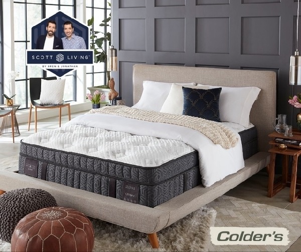 The Colder’s logo on a graphic of a Scott Living mattress with bedding and décor 