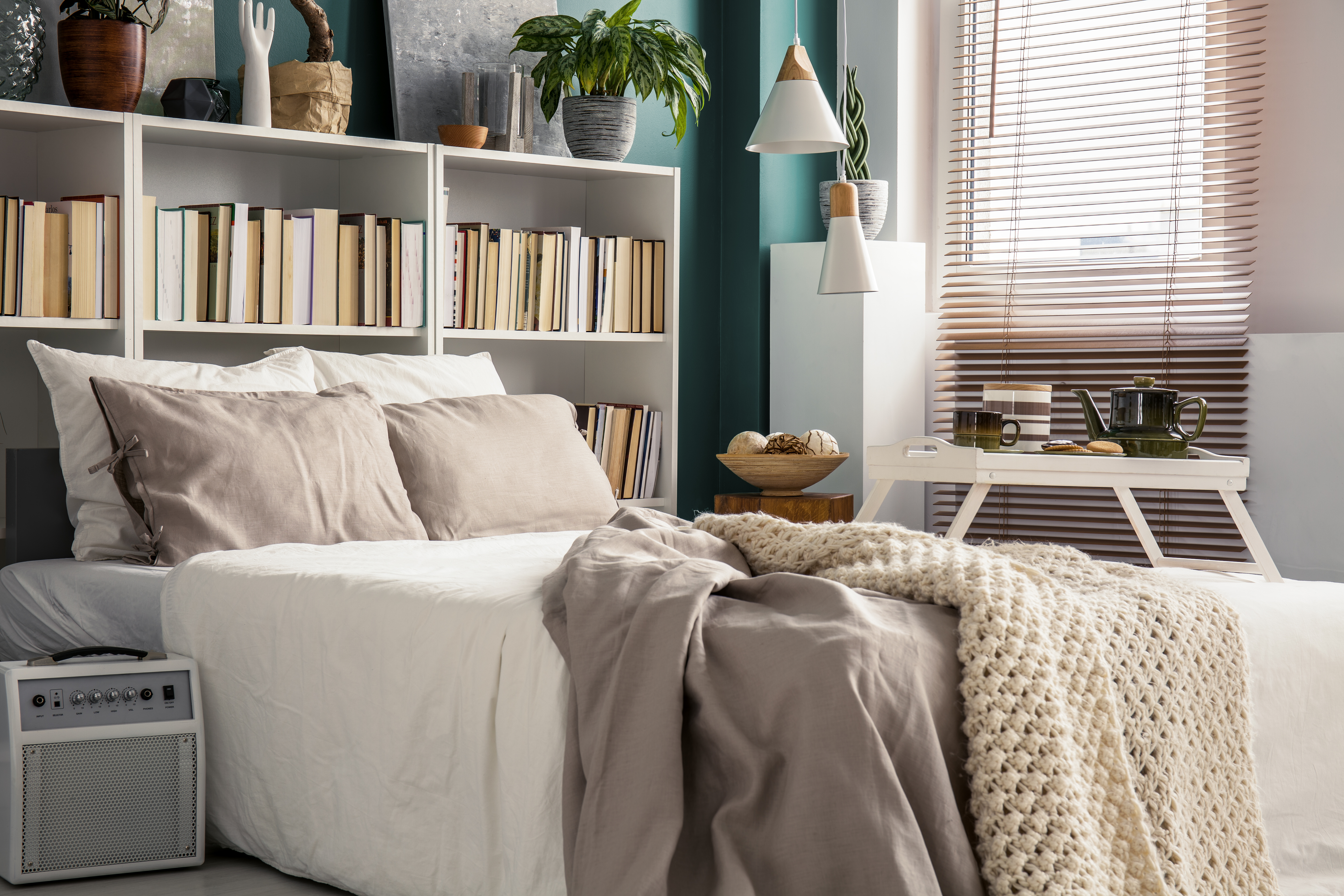 Long shot of bed with bookcase headboard stocked with various novels 