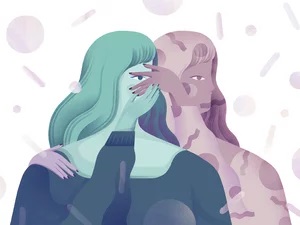 Custom abstract art of two women in blue and purple