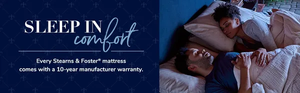 A graphic showing a couple sleeping on a Stearns & Foster mattress aside a graphic that describes the warranty