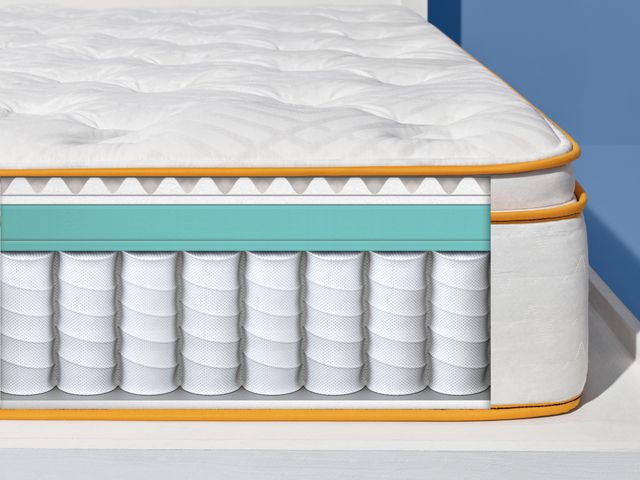 queen-hybrid-mattress-construction front view of the inside of a hybrid mattress, showing the layers of construction