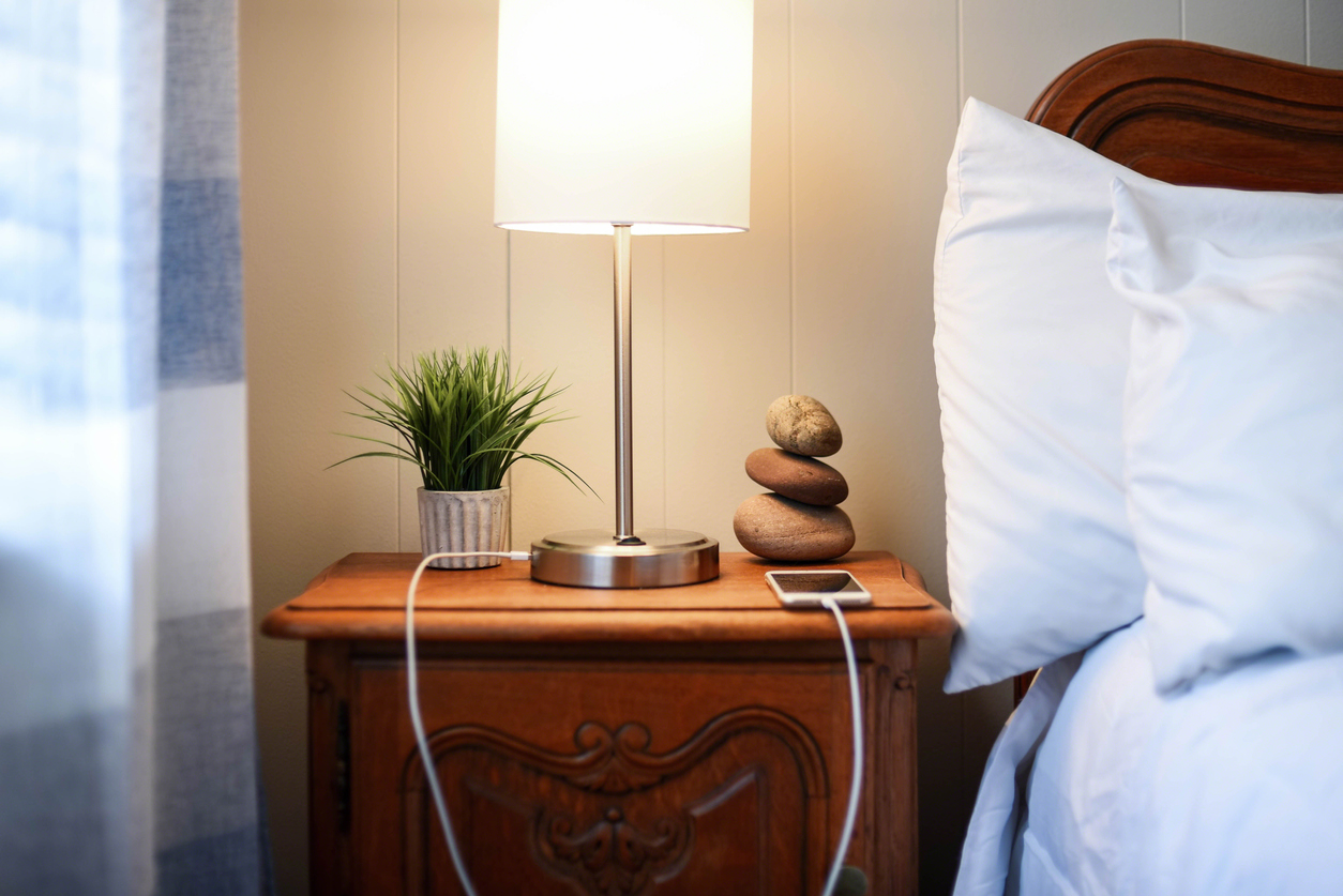 closeup of lamp on nightstand next to bed