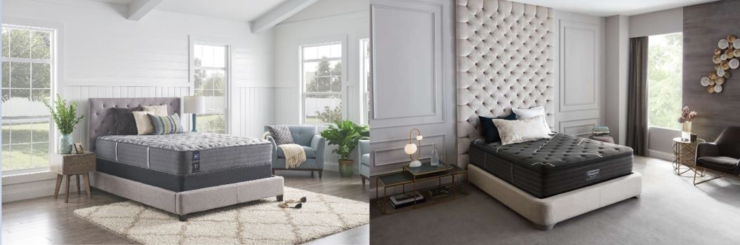 side-by-side graphic depicting a Sealy mattress on the left and a Beautyrest mattress on the right
