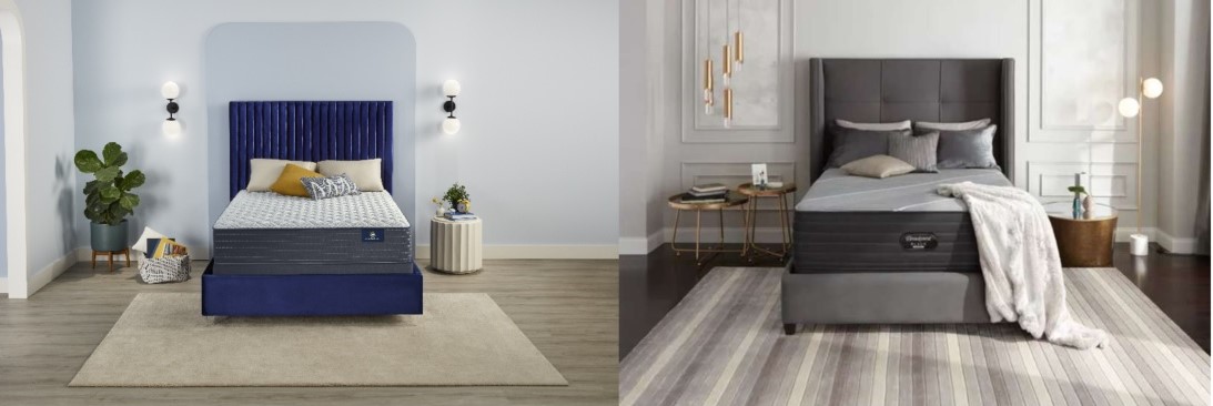 side-by-side graphic depicting a Serta mattress on the left and a Beautyrest mattress on the right