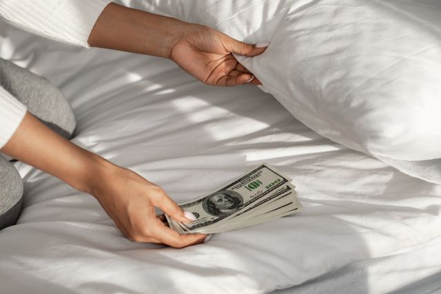 close view of a person putting money under their pillow on a white bed