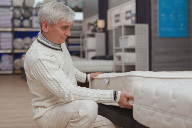 Front view of a man examining a mattress in a mattress store