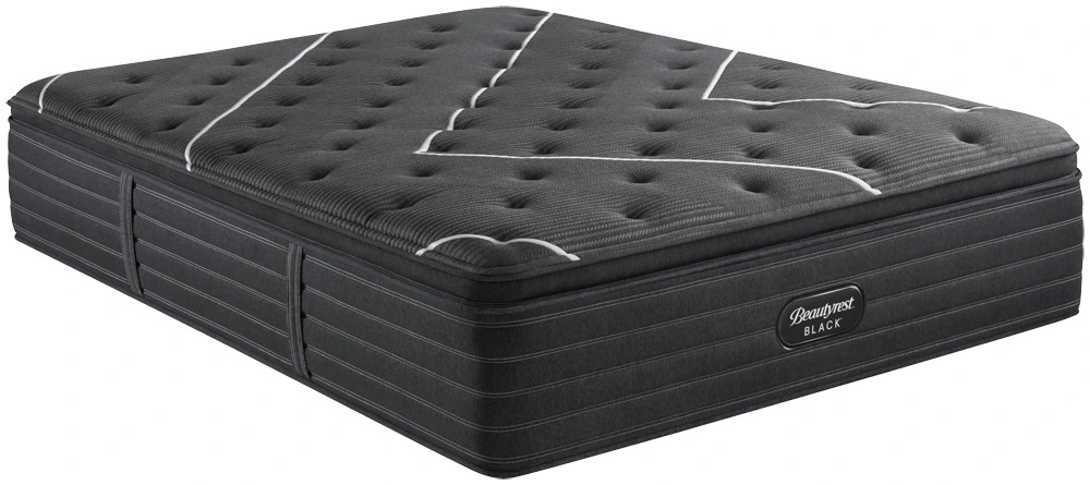 Stock photo of a black Beautyrest K class Queen pillow top mattress.