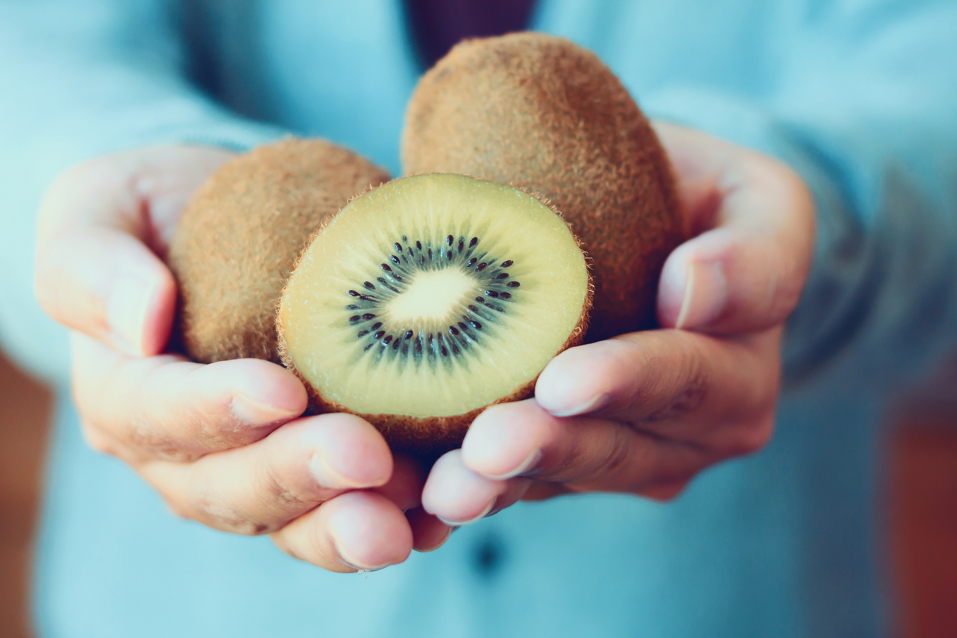 woman in blue shirt with handful of kiwis