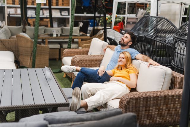 View of a man and woman sitting on an outdoor sofa in an outdoor furniture store