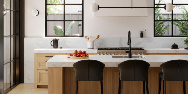 Front view of a luxury kitchen with a Pfister faucet