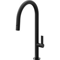 Front view of the California Faucets Pull-Down Kitchen Faucet with Button Sprayer - High Arc Spout