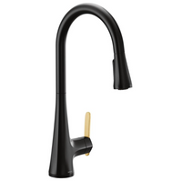 View of the Moen Sinema Single-Handle Pull-Down Sprayer Kitchen Faucet with Power Clean and 2 Handle Options in Matte Black