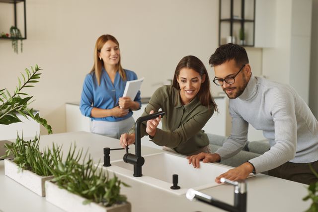 Front view of a man and woman examining a luxury sink with a saleswoman beside them smiling