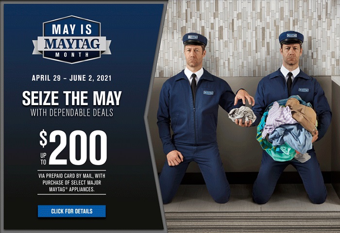 May is Maytag Month promo image - Maytag Man plays the part of washer and dyer