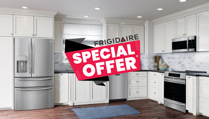 photo of a nice kitchen with all Frigidaire appliances and the words "special offer"