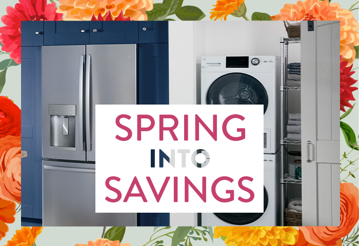 modern blue kitchen with GE kitchen appliance in stainless steel finish with text overlay saying Spring into Savings