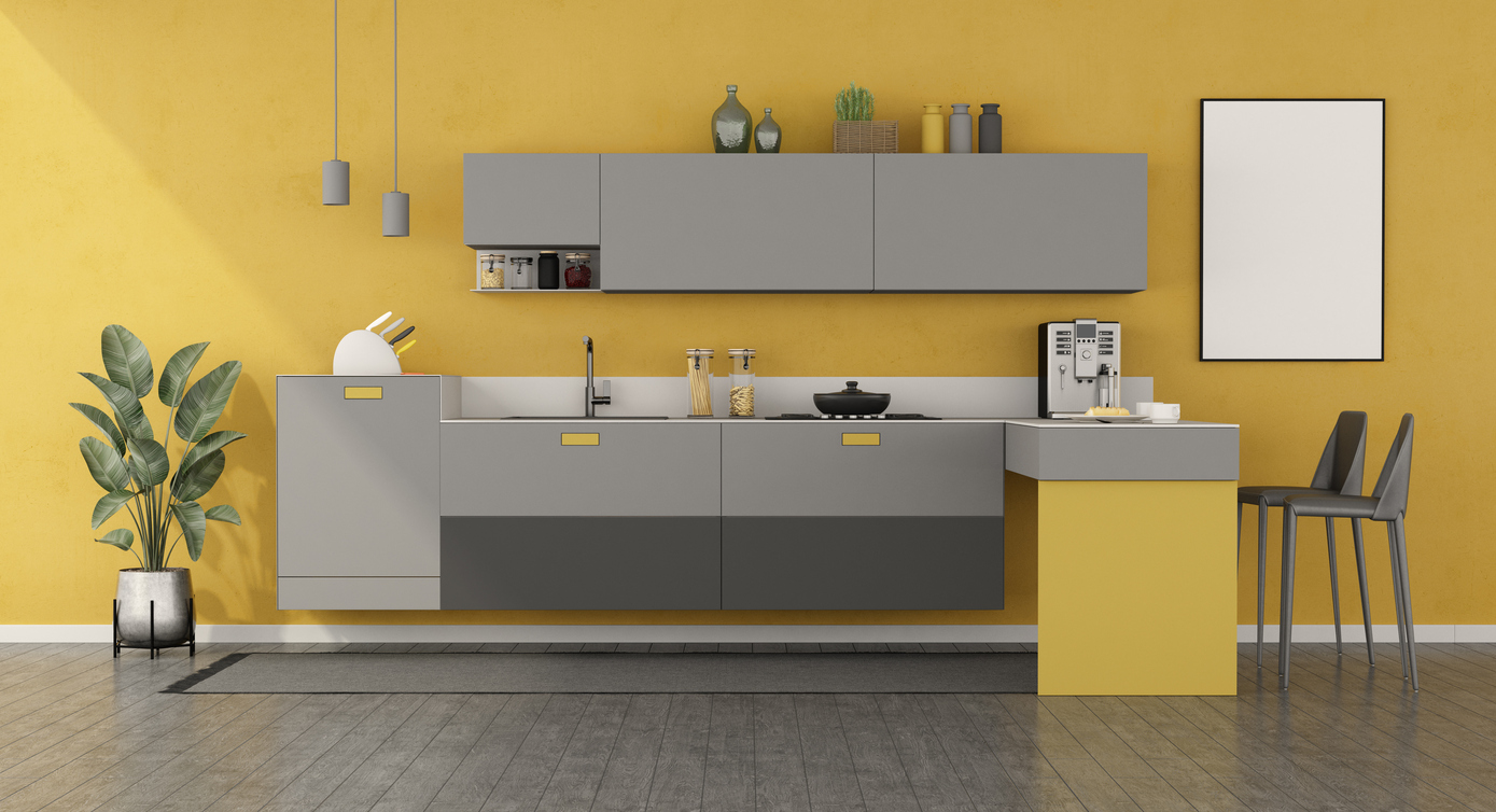 bright yellow and modern grey sleek kitchen