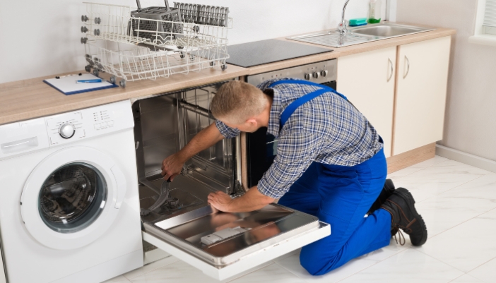A service professional checking out the filter and spray arms