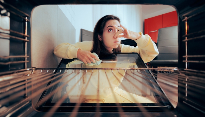 Woman has to plug her nose after opening the oven because of the self-cleaning odors