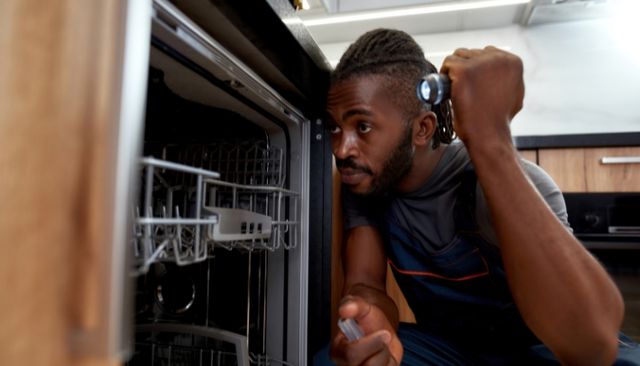 Front view of a man with a flashlight looking into an opened dishwasher
