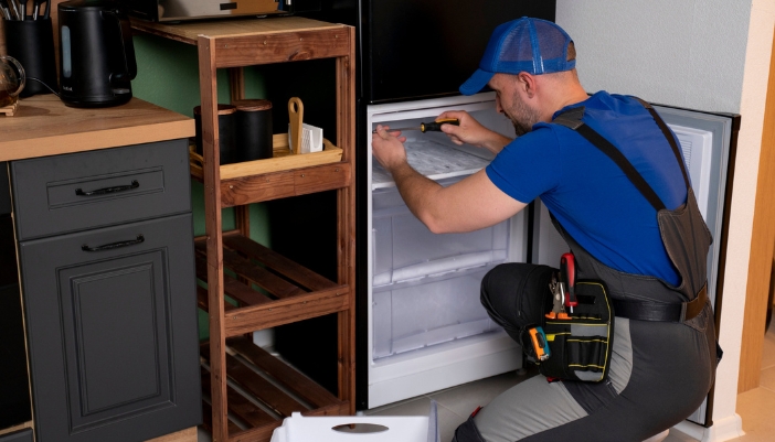 Repairman fixing the internal temperature settings in a freezer