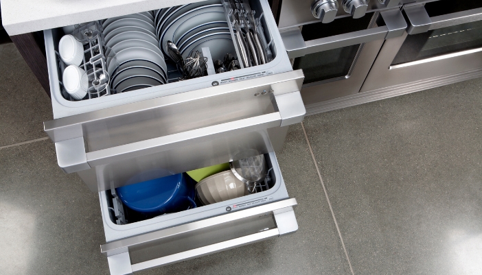 Closeup of a two drawer dishwashers