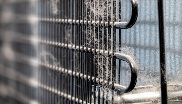 Closeup of dirty fridge coils covered in dust and fur