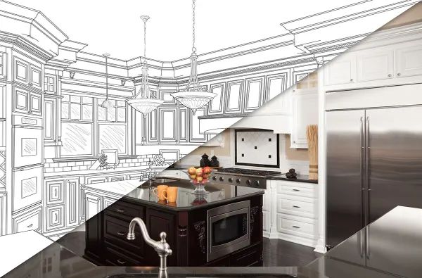 image of a modern kitchen, split to show the design process. The left side is a black and white blueprint style, while the right is the fully finished kitchen.