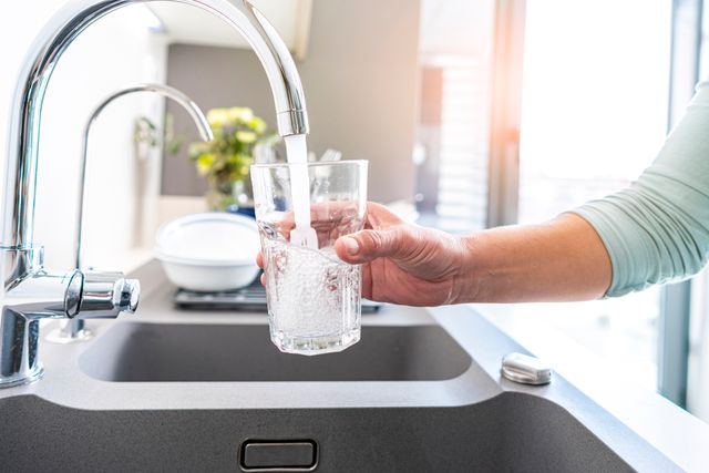 view of a person filling a glass of water under a faucet