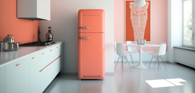 A peach colored retro style refrigerator placed in white and peach colored kitchen