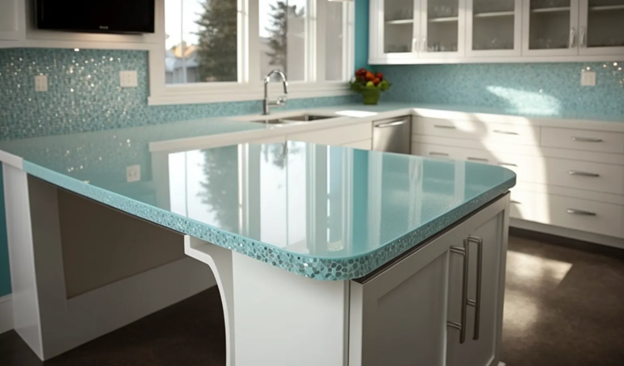 Bright blue countertops with a dazzling blue tile backsplash are featured in a kitchen
