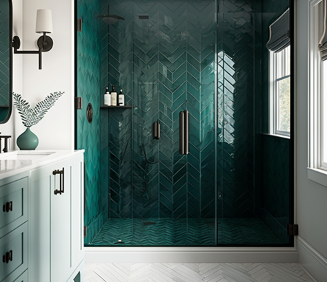 Teal tiles are used to add color in a shower with a glass door
