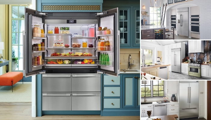 Collage of different built-in refrigerators from leading brands like Monogram and JennAir