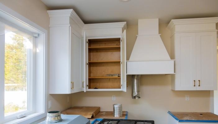 Closeup of kitchen remodel, preparing the space for a new gas range
