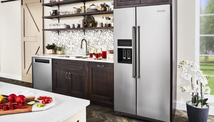 B0018_Counter-Depth-Refrigerators_4.jpg Counter-depth KitchenAid refrigerator in sleek kitchen