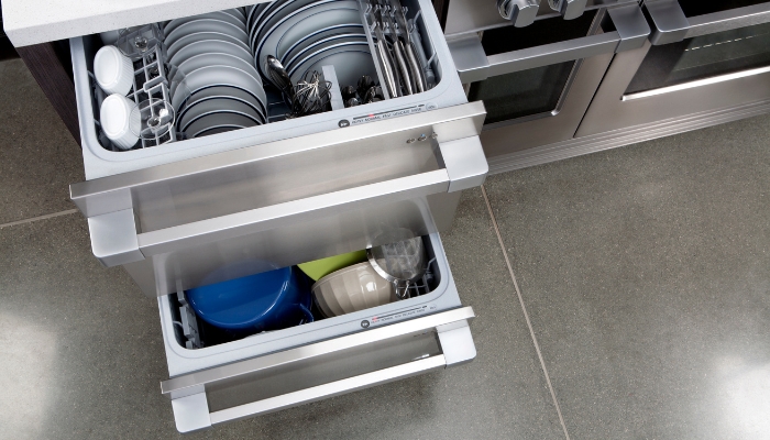 Open view of a double drawer dishwasher
