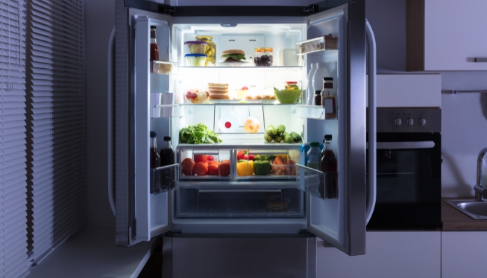 Closeup of French door refrigerator, open