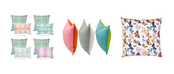 Side-by-side images of colorful throw pillows.
